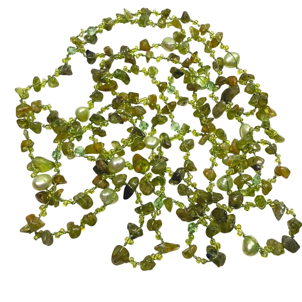 Green Gemstone Chip & Faux Pearl Long Woven Strand Necklace Hawaii 68"